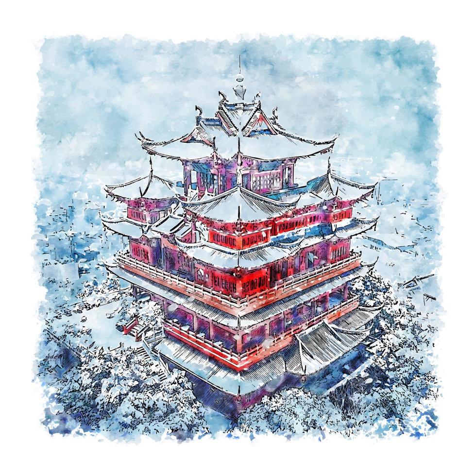 chenghuang pagoda china acuarela boceto dibujado a mano ilustración vector