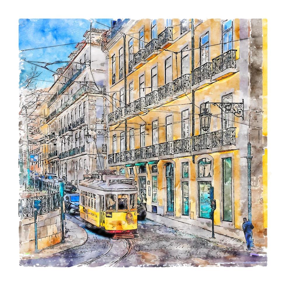 Lisbon Portugal Watercolor sketch hand drawn illustration vector