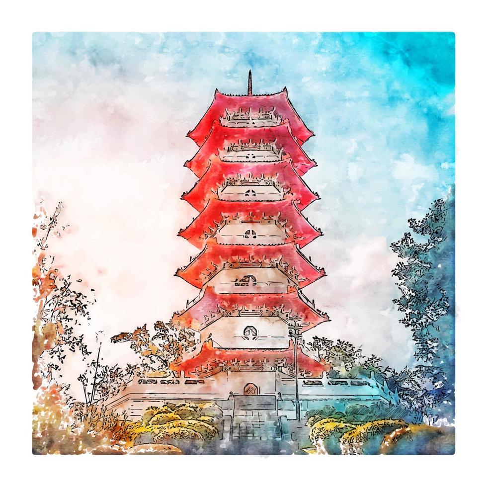 Leifeng Pagoda China Watercolor sketch hand drawn