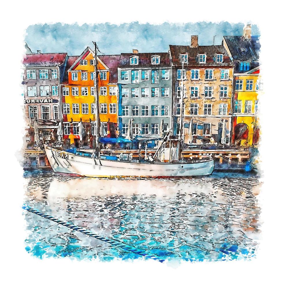 Copenhagen Denmark Watercolor sketch hand drawn illustration vector