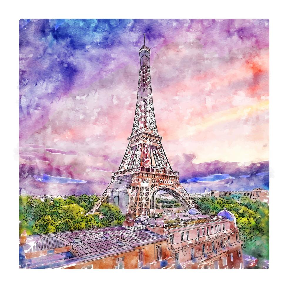 Eiffel Tower Paris France Watercolor sketch hand drawn illustration vector