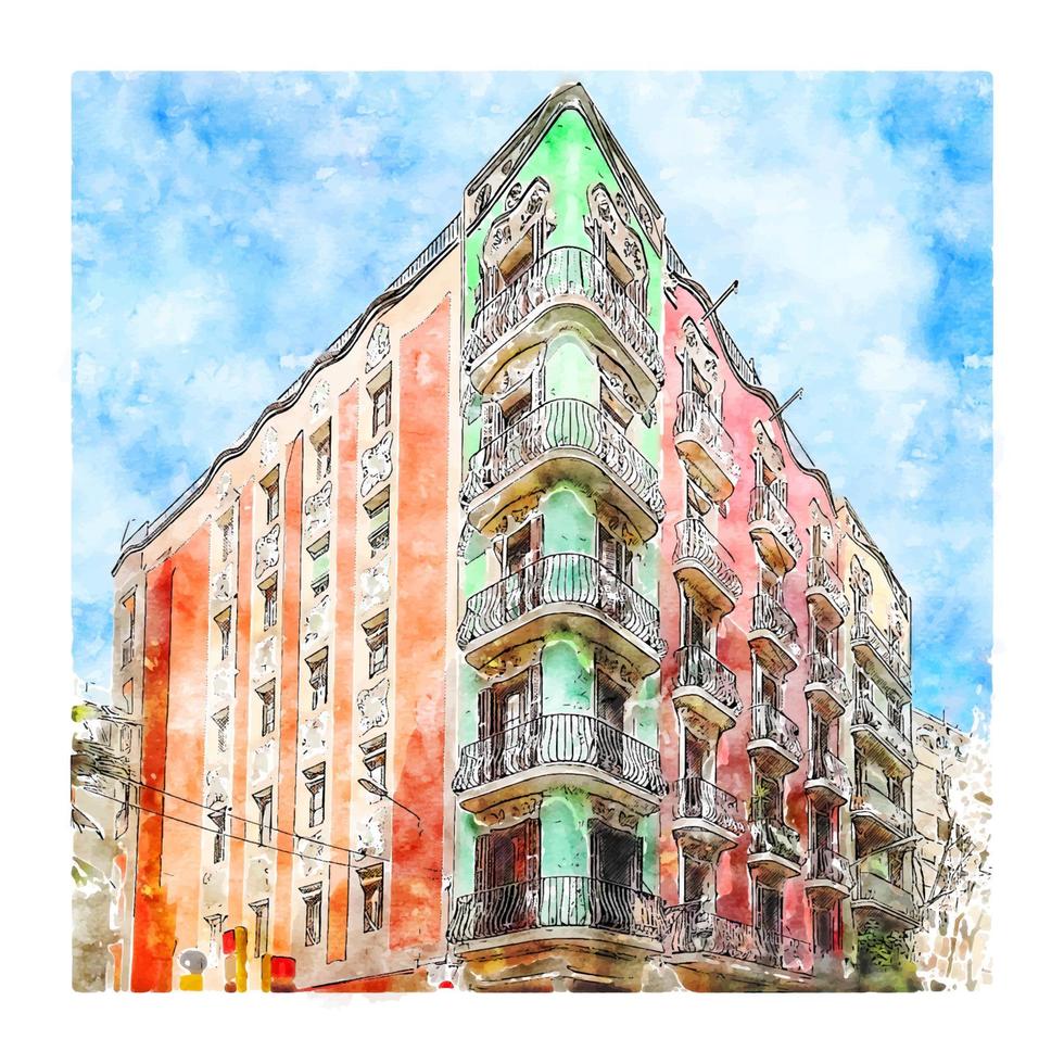 Carrer Gran de Gracia Barcelona Watercolor sketch hand drawn illustration vector