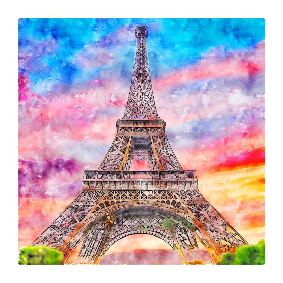 Eiffel Tower Paris France Watercolor sketch hand drawn illustration vector