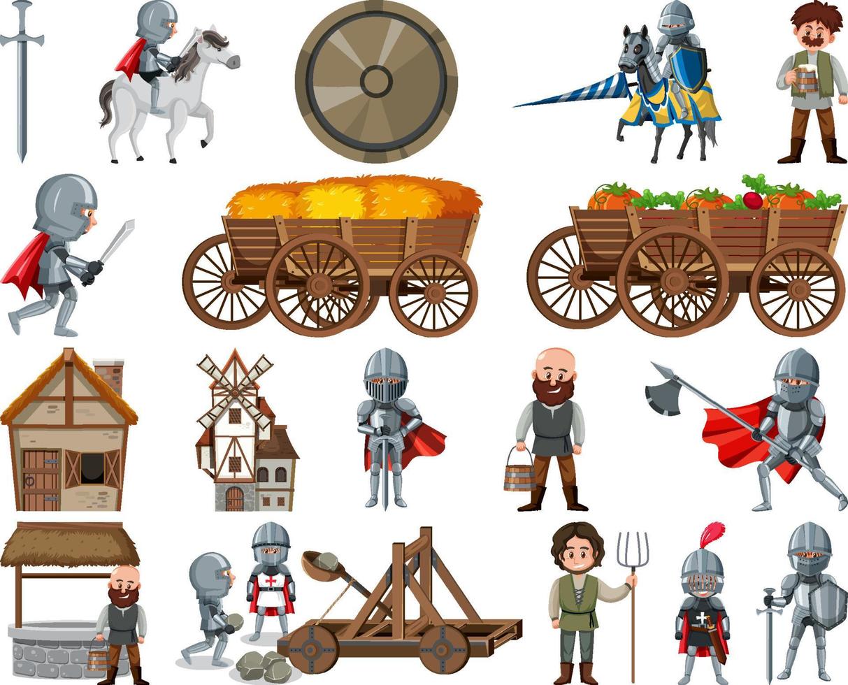 Medieval cartoon characters and objects vector