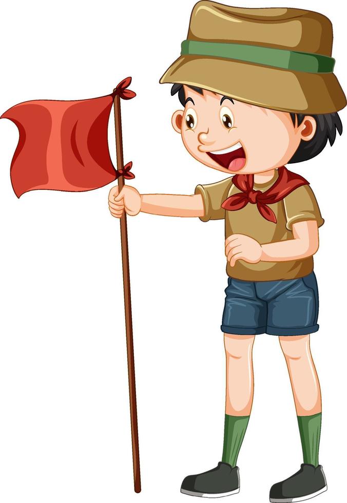 Camping boy with red flag on white background vector