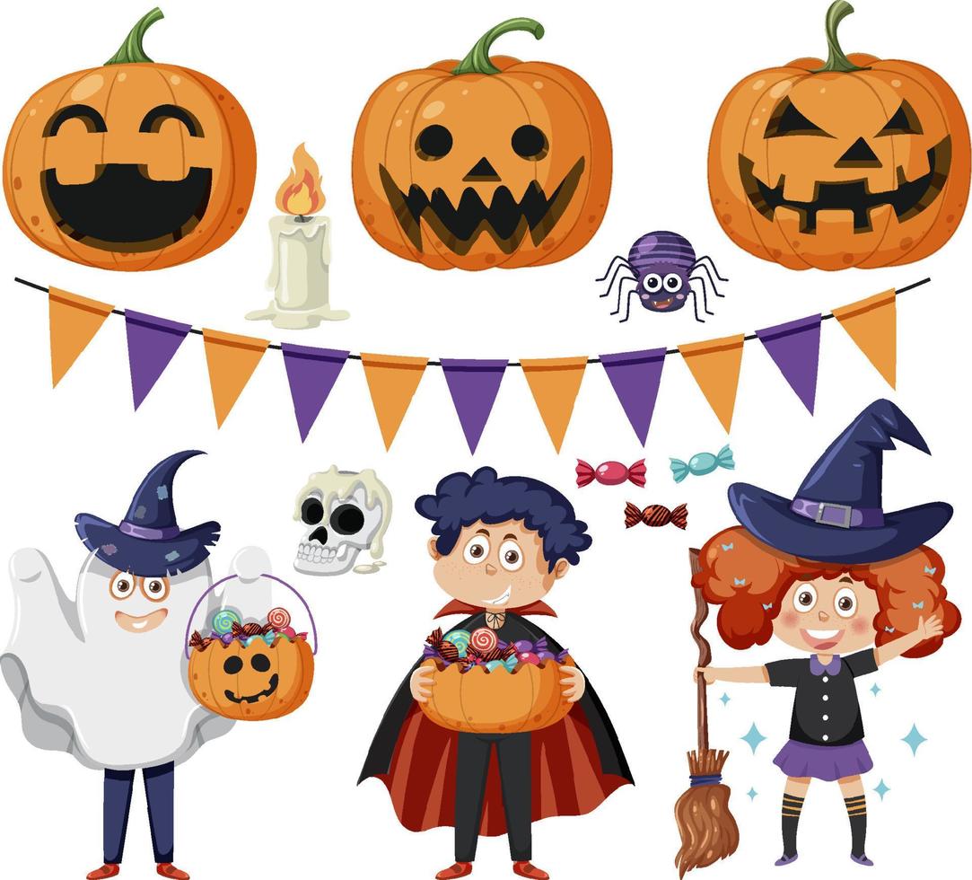 conjunto de elementos y personajes de dibujos animados de halloween vector