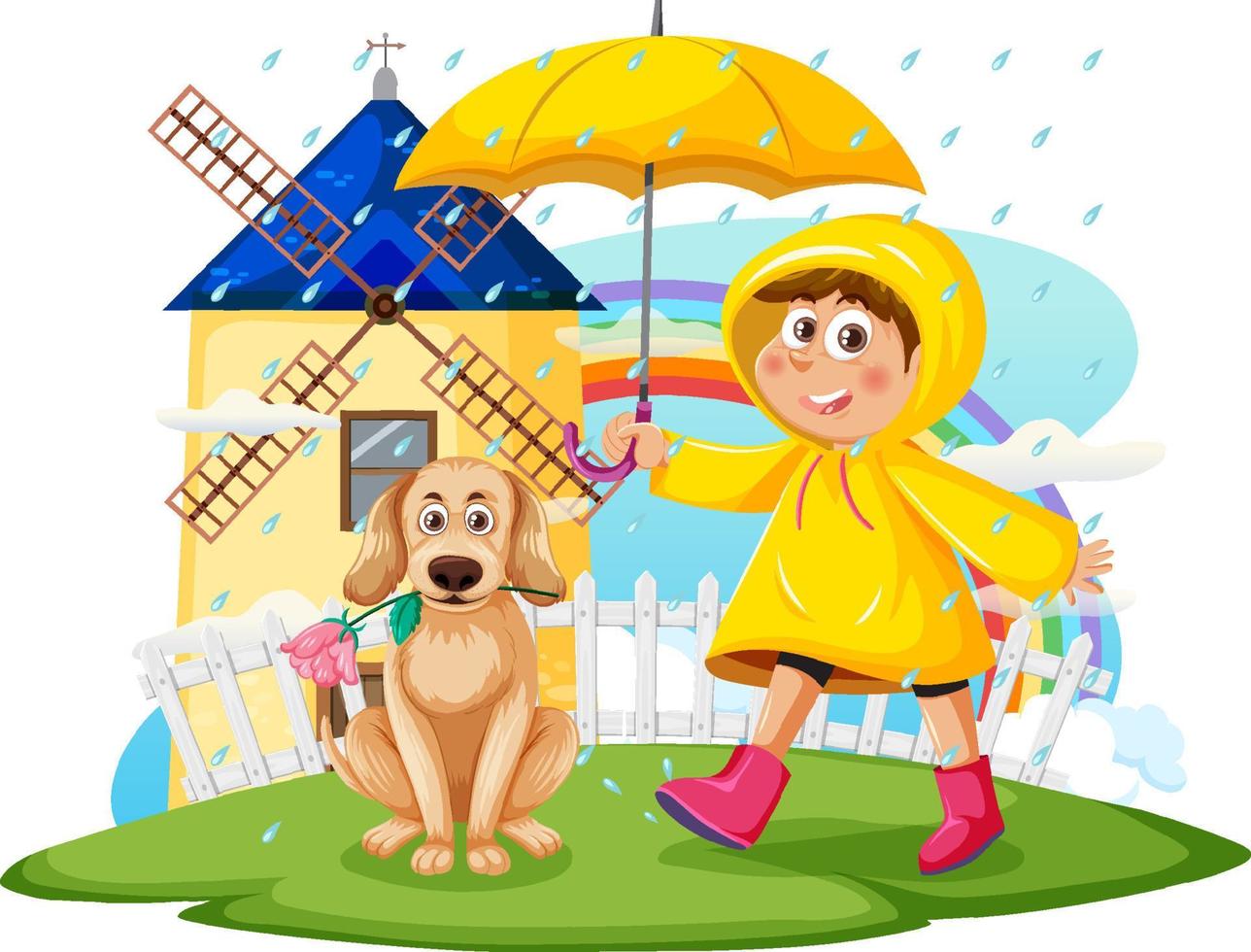 Rainny day with a girl in raincoat and a dog vector