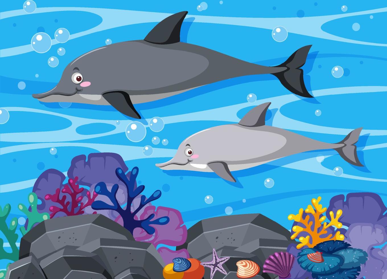 fondo submarino con delfines en estilo de dibujos animados vector