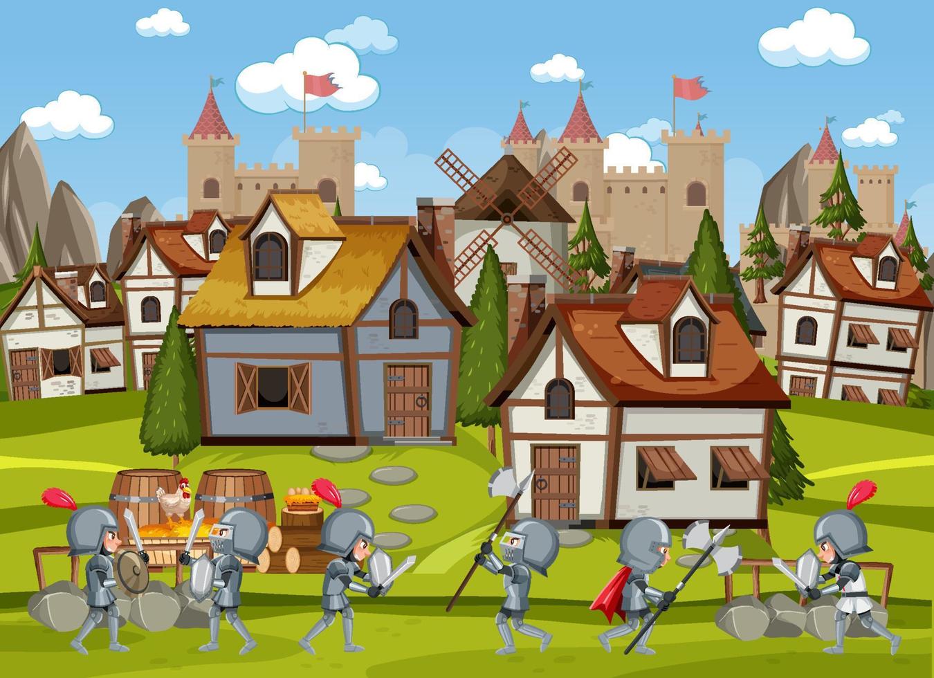 Medieval village scene castle background vector