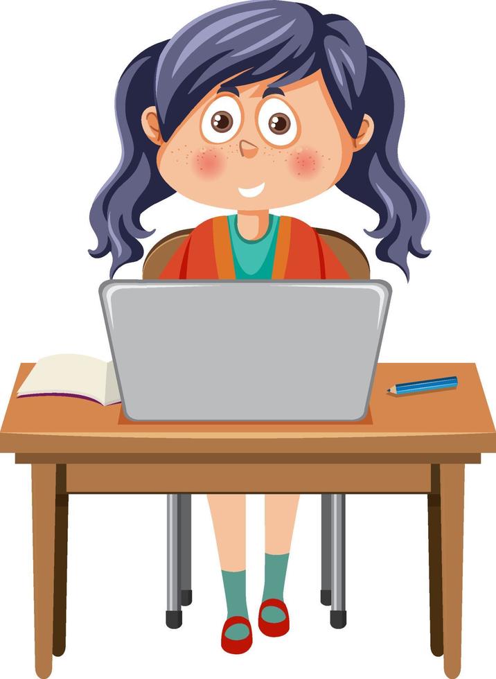 A girl sitting in front of laptop vector