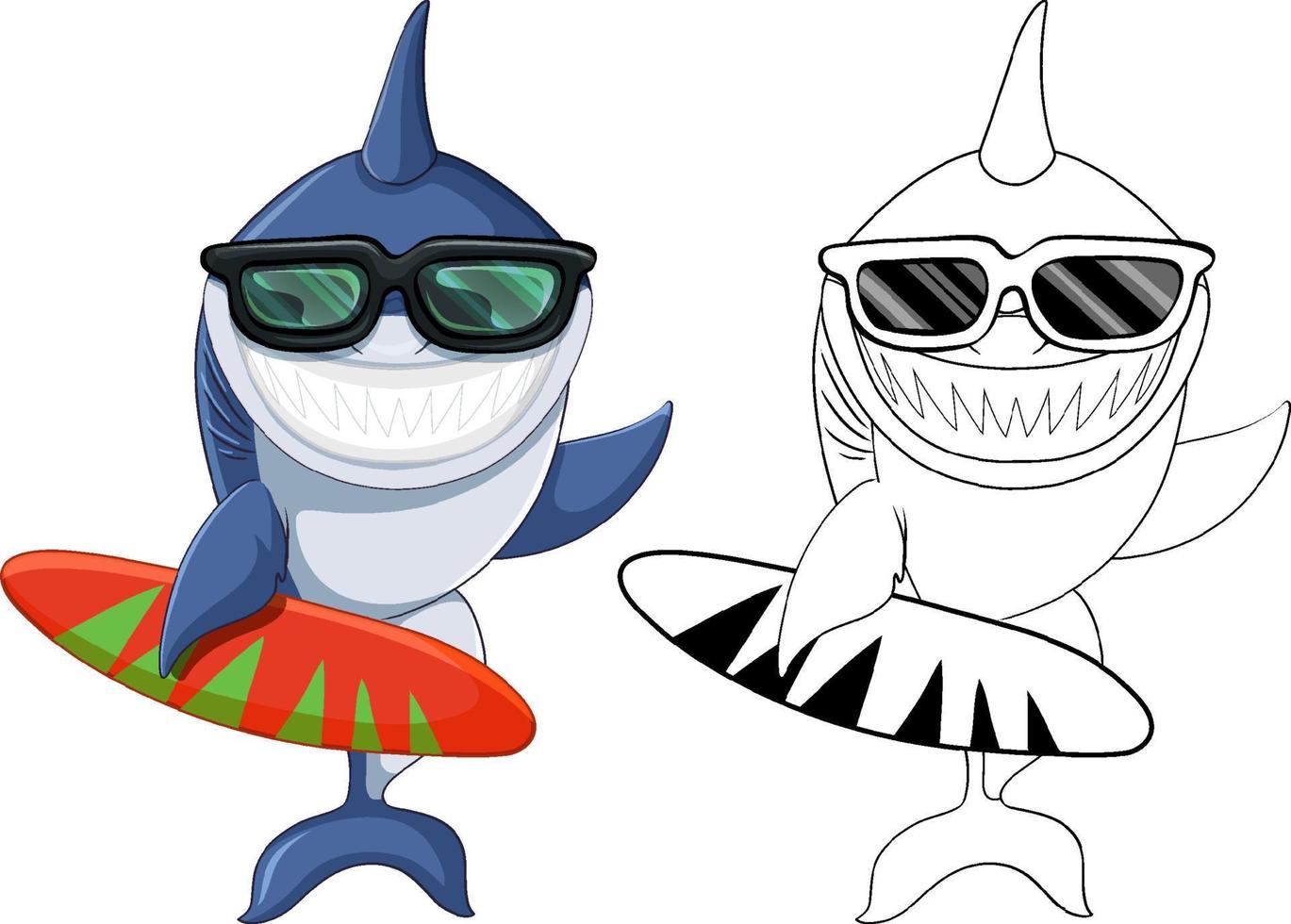 personaje de dibujos animados de tiburón con su contorno de garabato surfeando vector