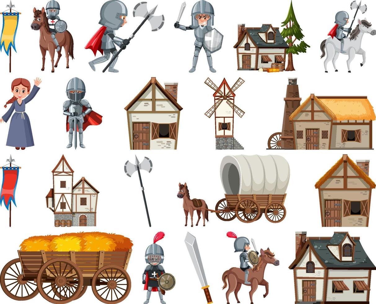 Medieval cartoon characters and objects vector