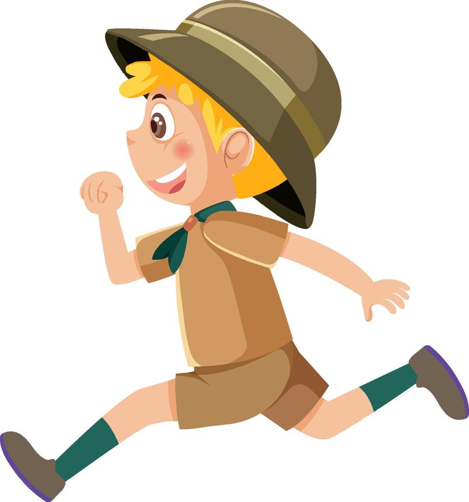 Cute boy scout cartoon character playing guitar running vector