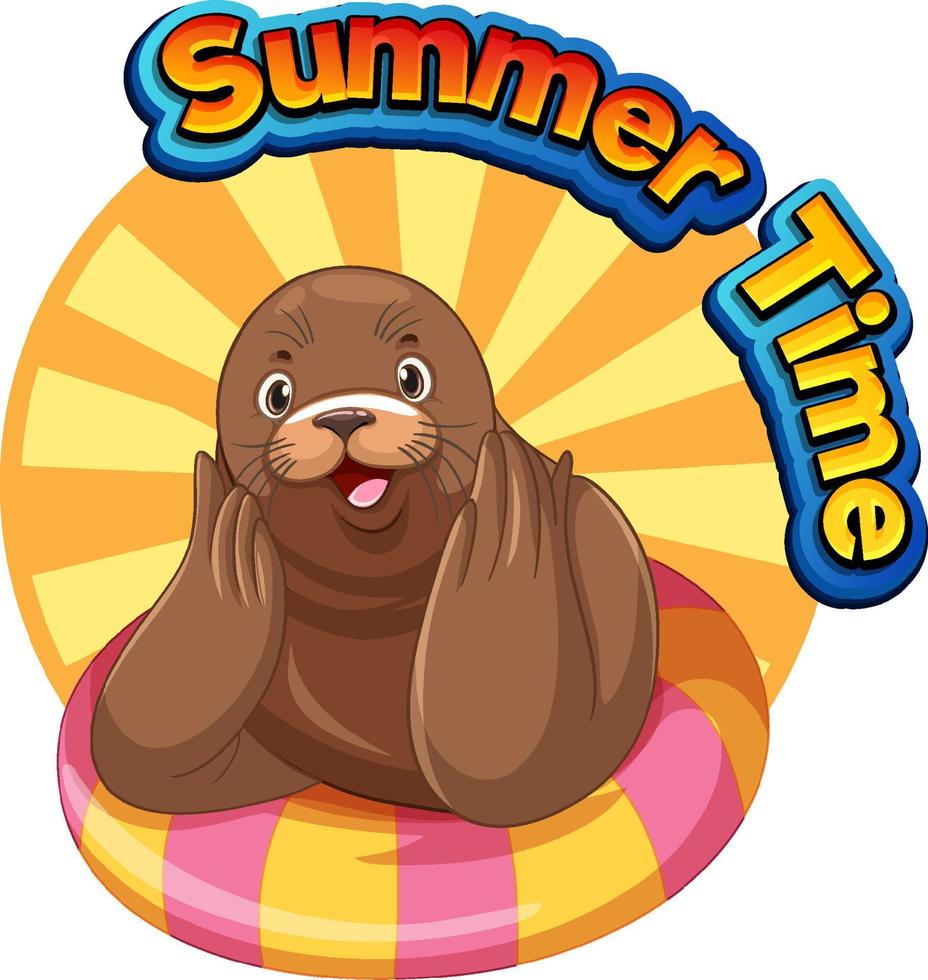 Sea lion cartoon character with summer time word vector