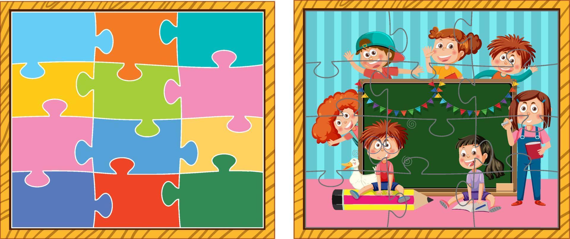 School kids photo jigsaw puzzle game vector