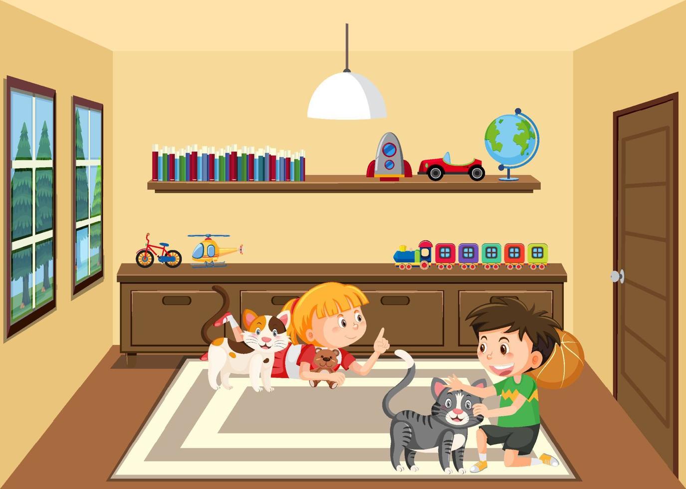 niños jugando con gato vector