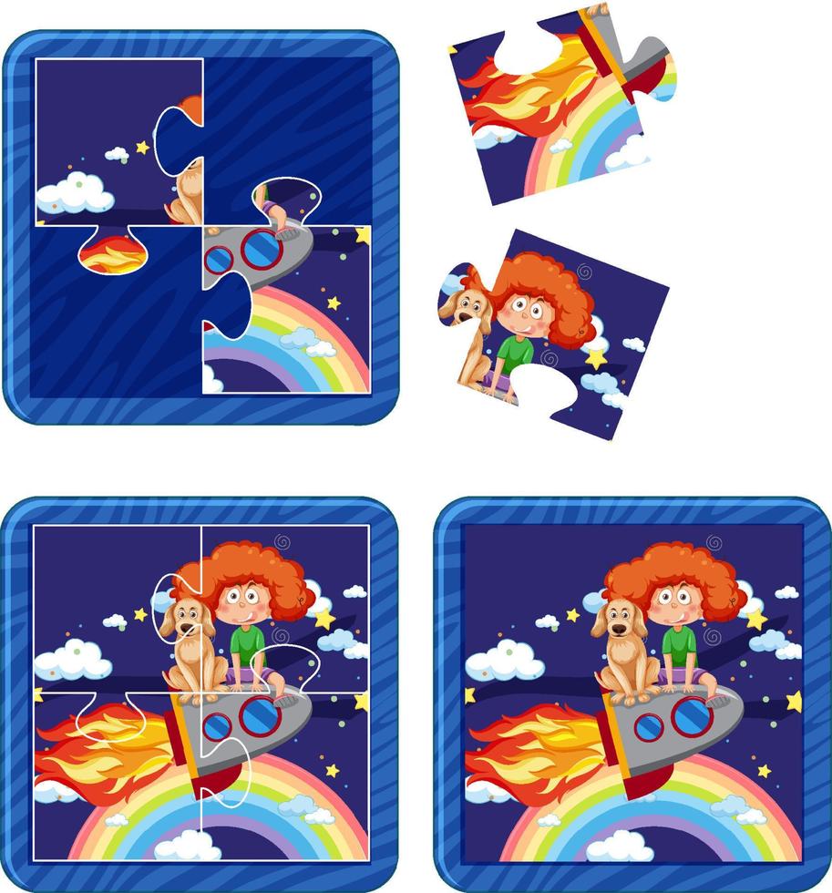 Girl with her dog in space photo jigsaw puzzle game vector