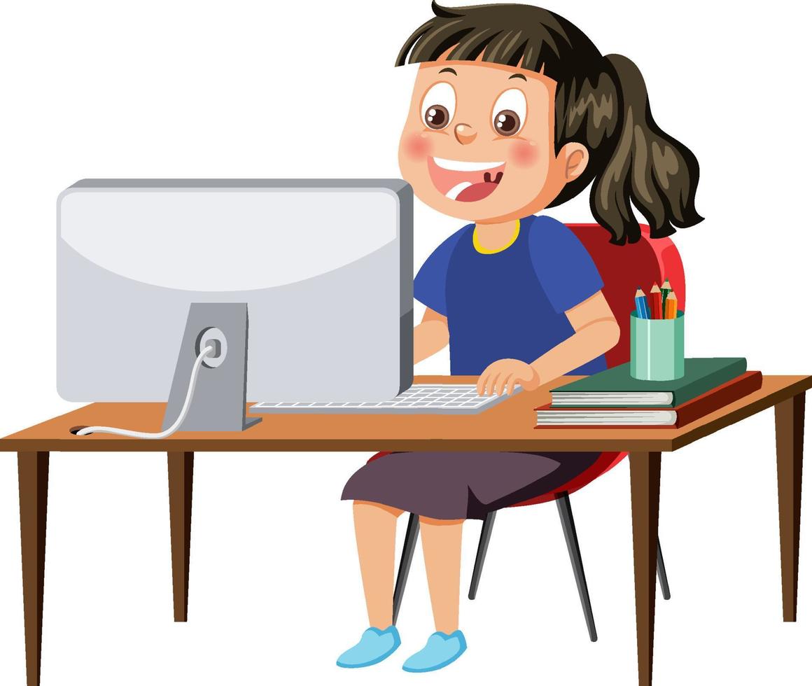 una chica sentada frente a la computadora vector