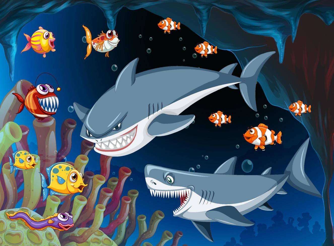 Angry shark underwater scene vector