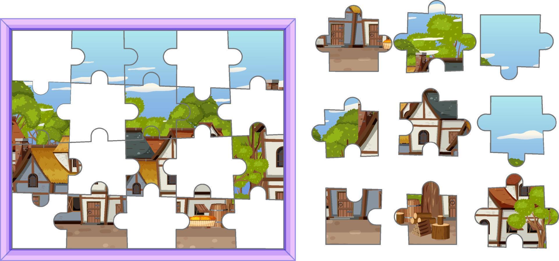 Old village Photo Jigsaw Puzzle Game Template vector