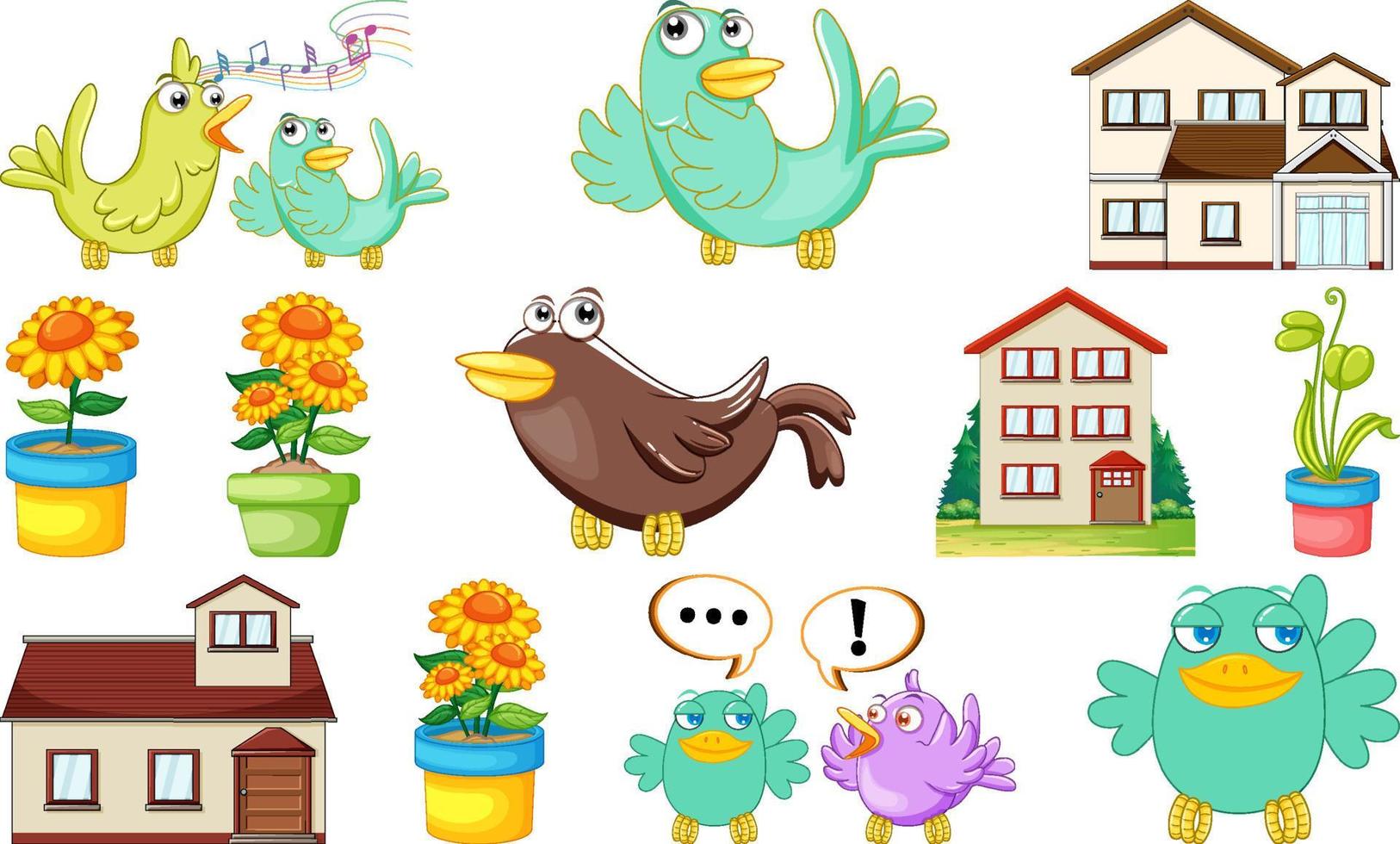 Different house designs and cute birds vector