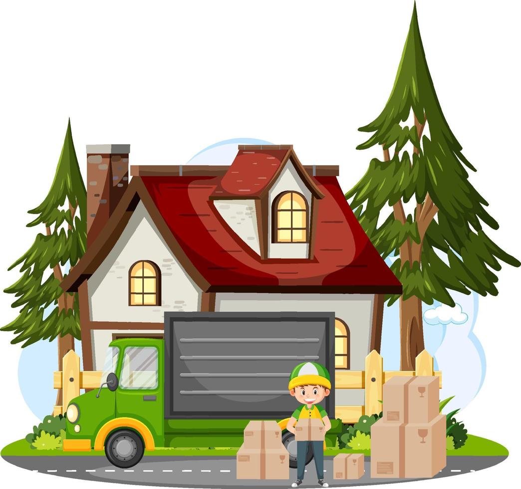 Delivery man standing in front of a house vector