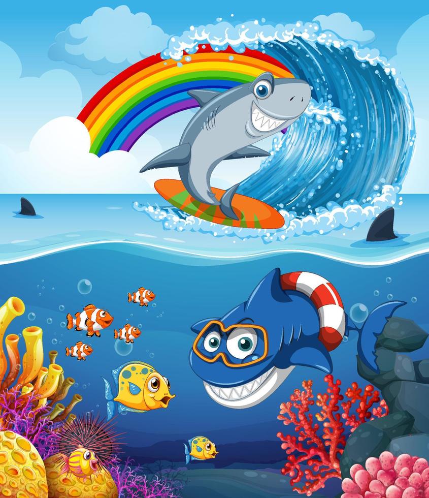 Funny shark with sea animals in the ocean vector