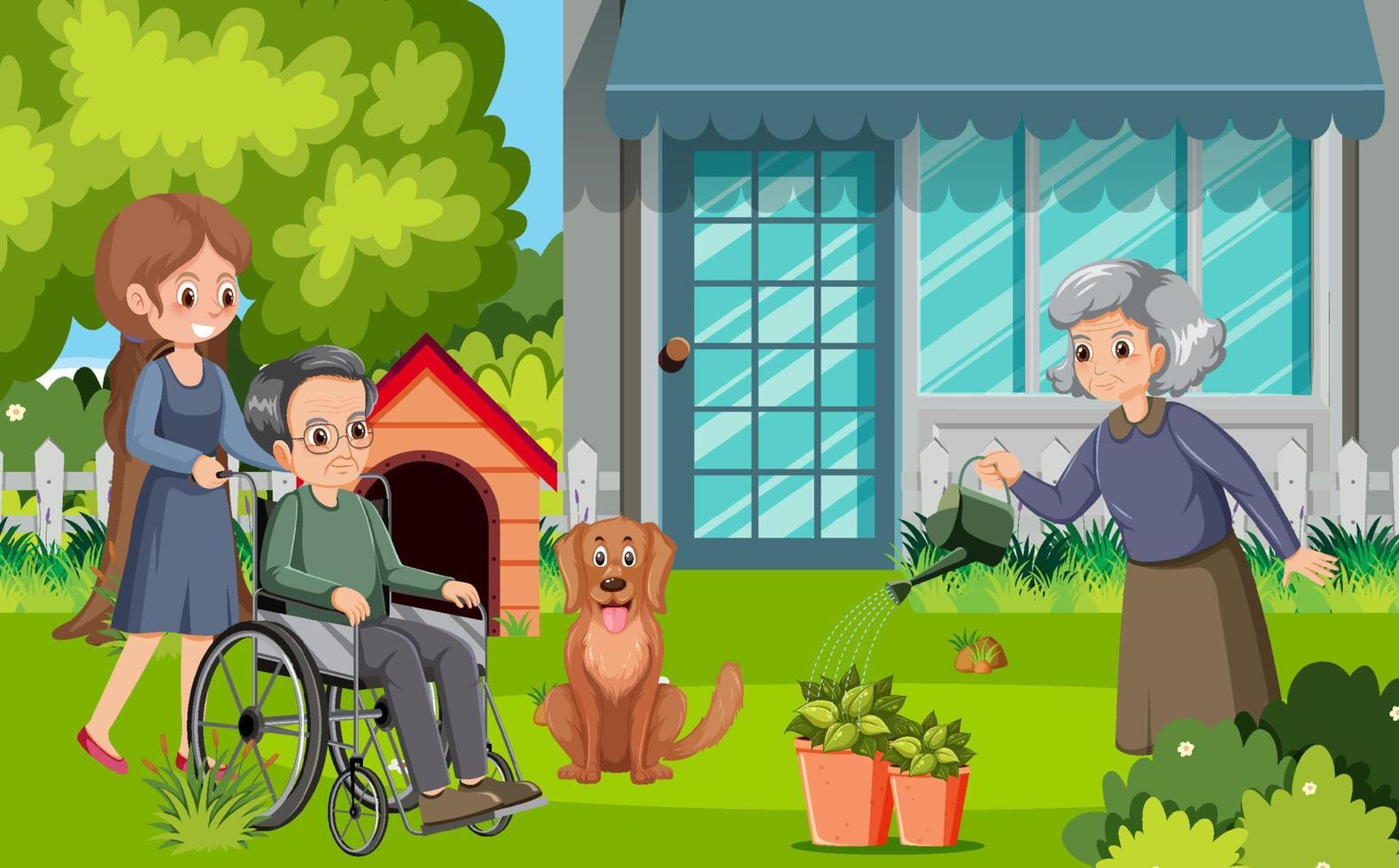 Elderly couple and caregiver at backyard vector