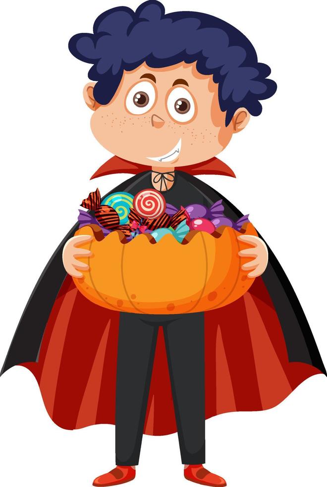 un niño vestido con un disfraz de drácula para truco o trato de halloween vector
