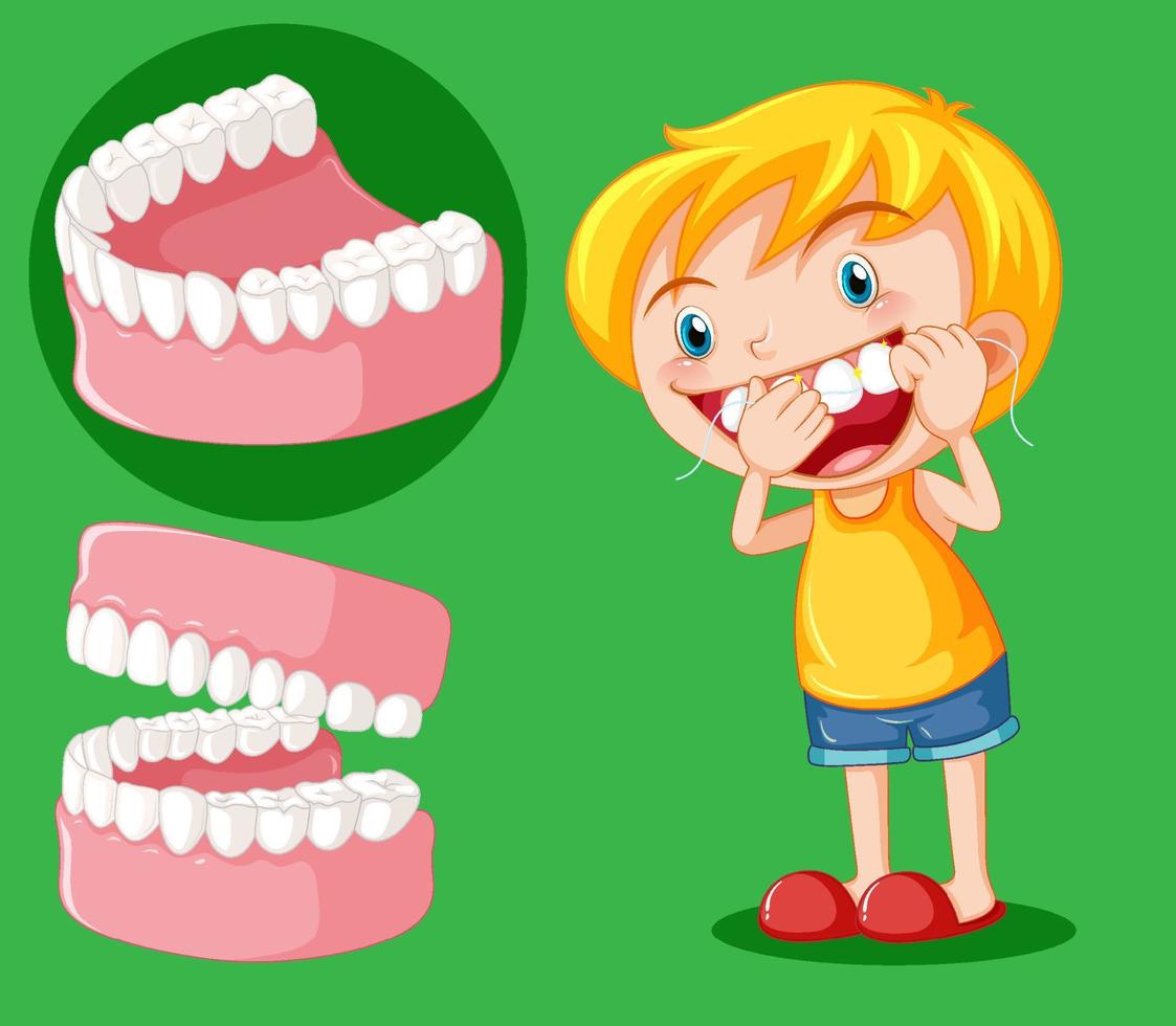 Cute girl cartoon character flossing teeth vector