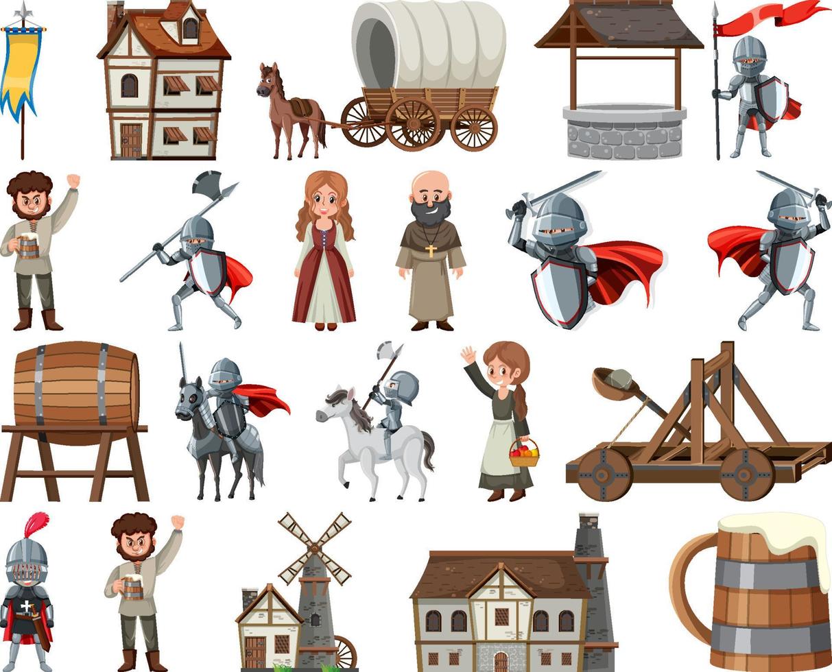 Medieval cartoon characters and objects vector