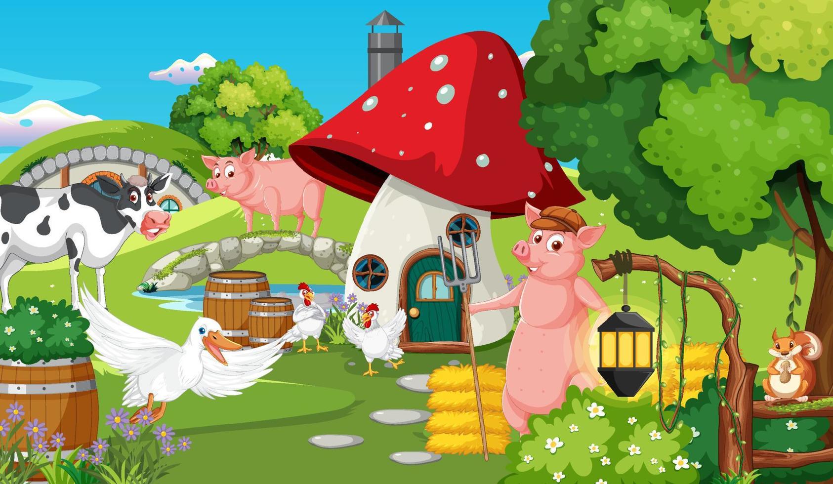Cartoon scene with farm animals vector