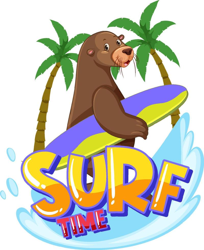 personaje de dibujos animados de leones marinos con palabra de tiempo de surf vector