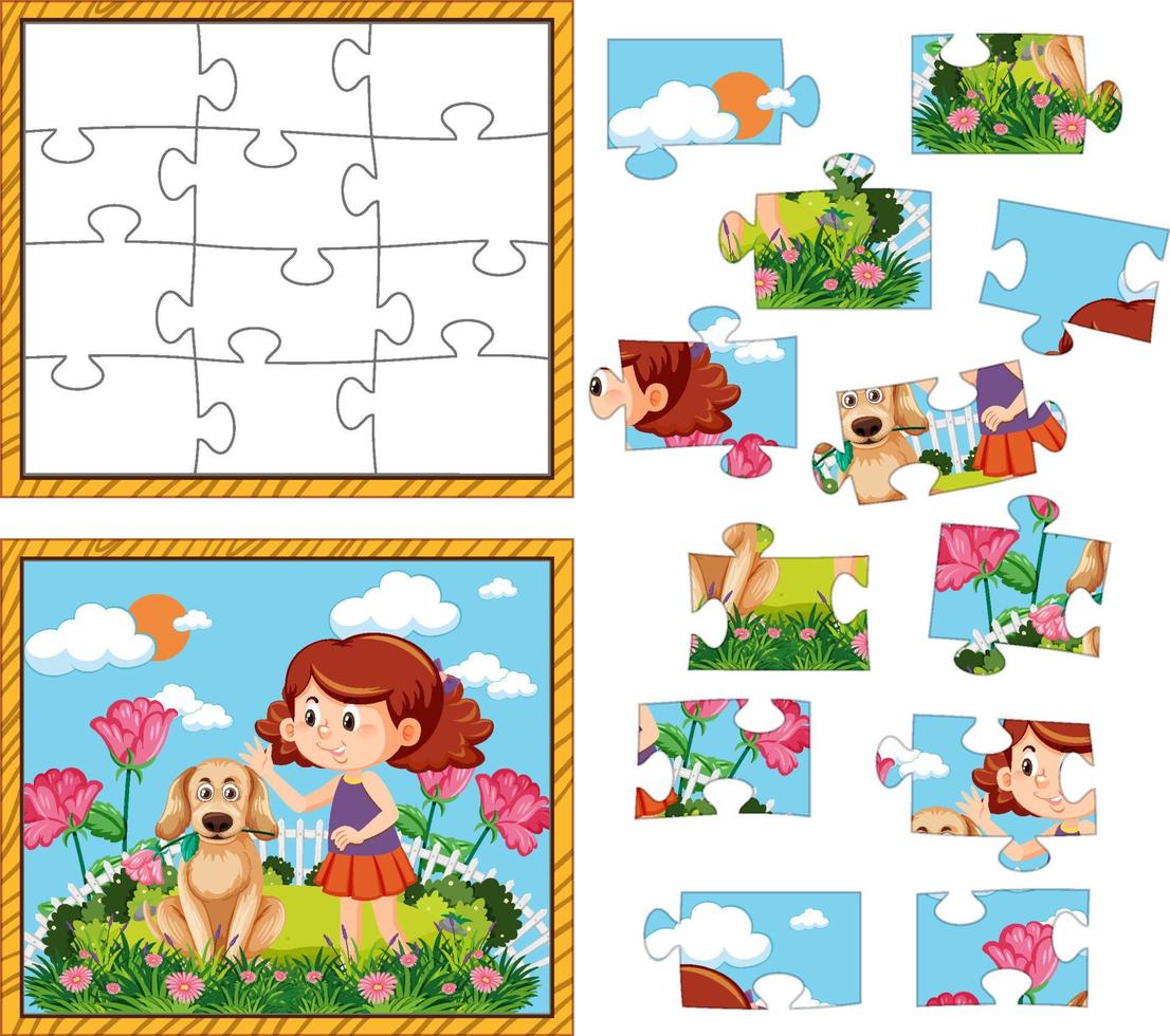 Girl with dog photo puzzle game template vector