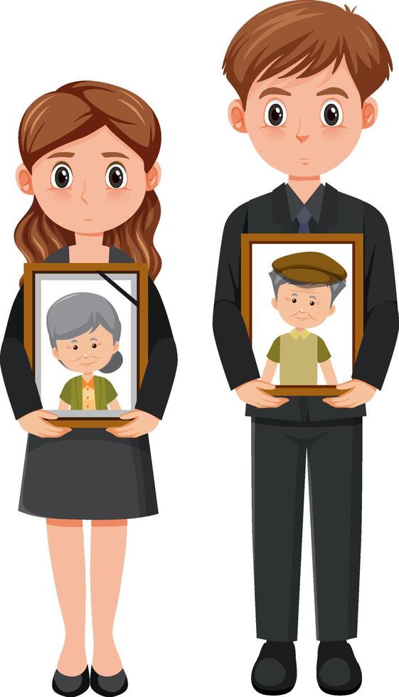 A couple in mourning clothes holding portrait of deceased person vector