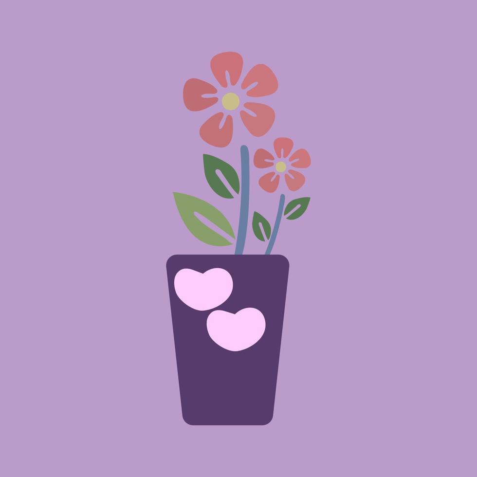 Orange flowers in purple pots have a heart shape isolated on background. vector