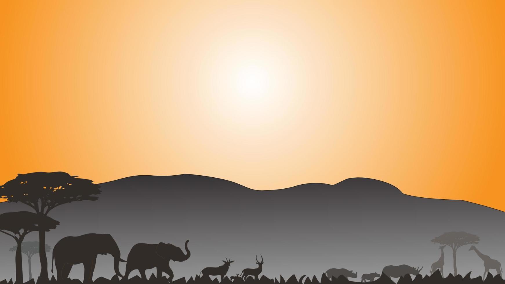 Full frame silhouette family of elephant rhinoceros deer and giraffes in the grassland on the multicolor background. vector