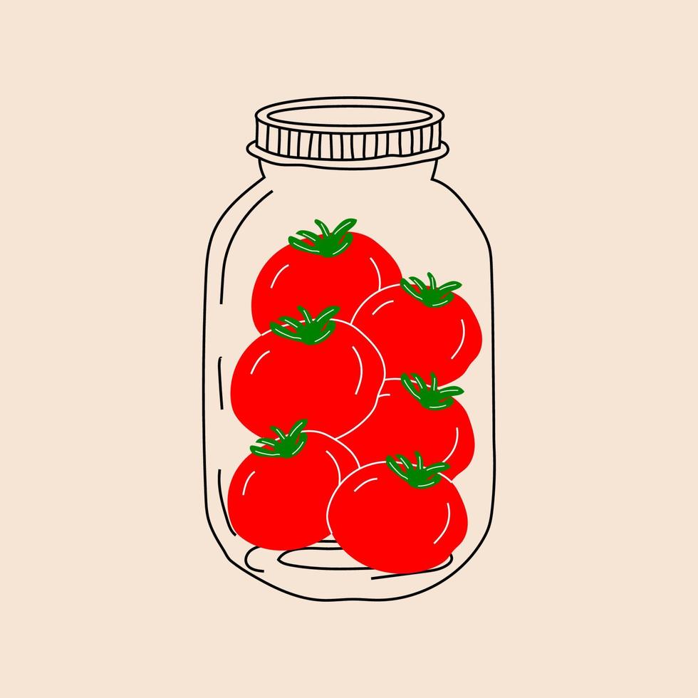 tarro con tomates. vector en estilo de dibujos animados. todos los elementos están aislados. comida enlatada.