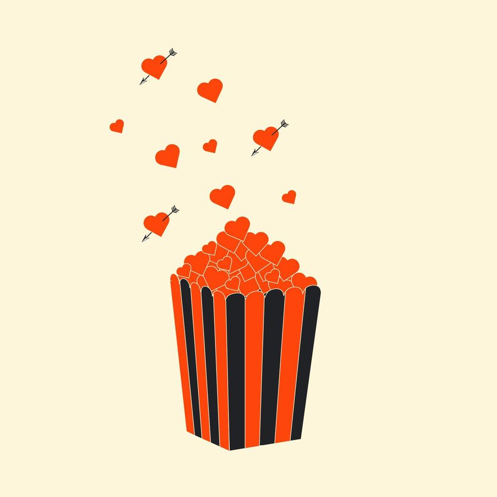 Illustration of popcorn from which hearts out. Romantic movie images. Vector