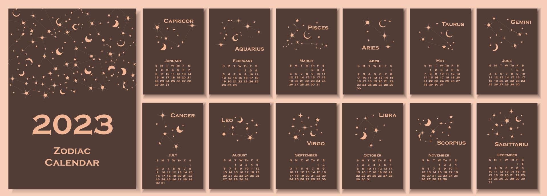 2023 calendar. Calendar concept design with constellation of the zodiac. Vector illustration. Set of 12 calendar pages.