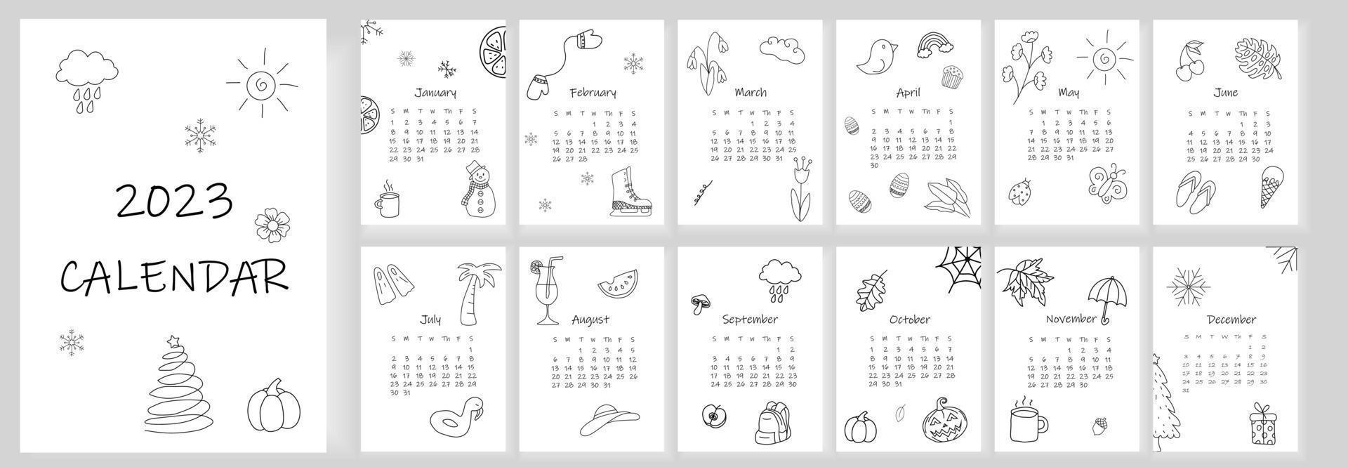 2023 calendar design. Doodle calendar planner minimal style, annual organizer. Vector illustration