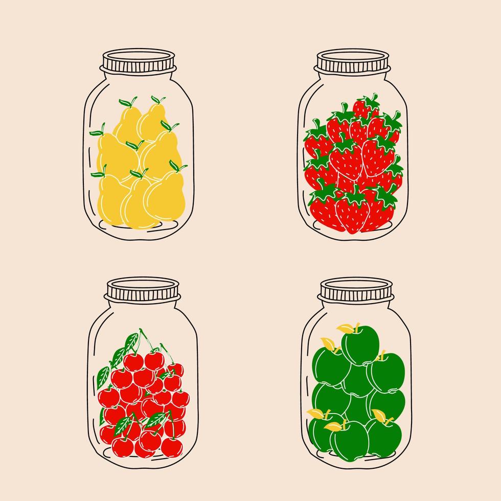 Canned food. Set of jars with fruit. Vector in cartoon style. All elements are isolated