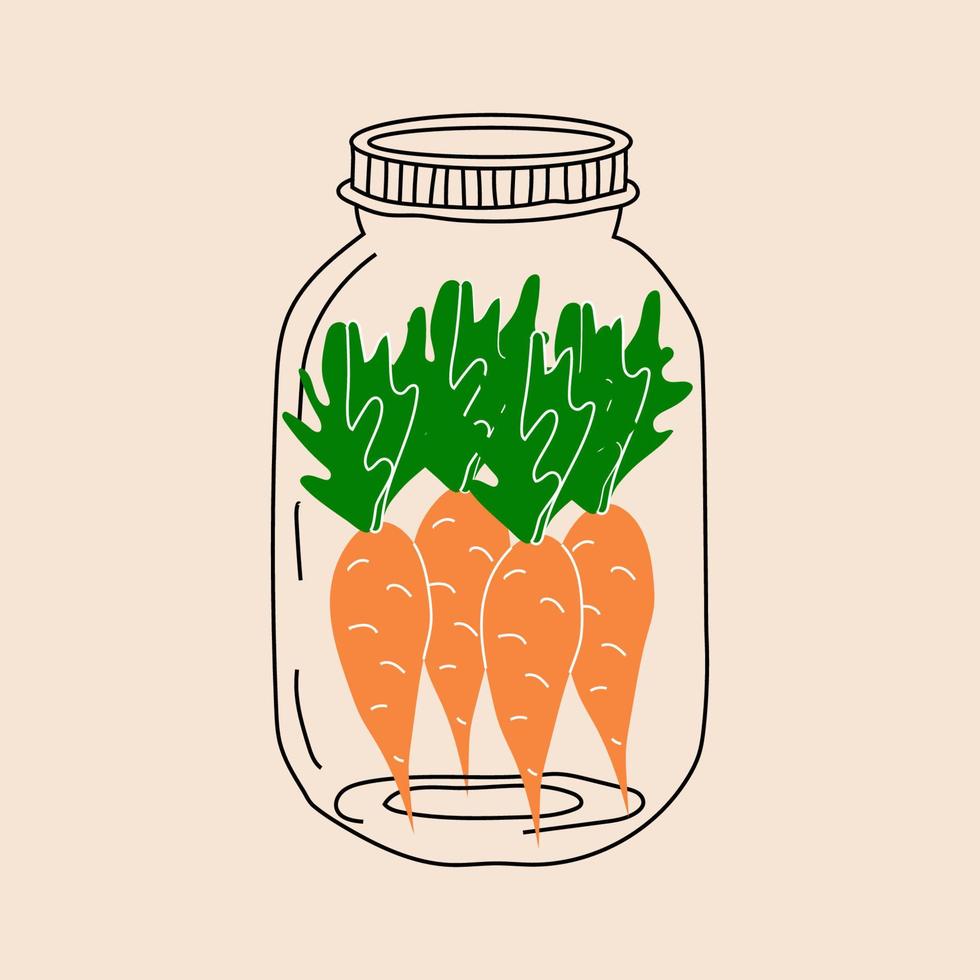 Canned food. Jar with carrots. Vector in cartoon style. All elements are isolated