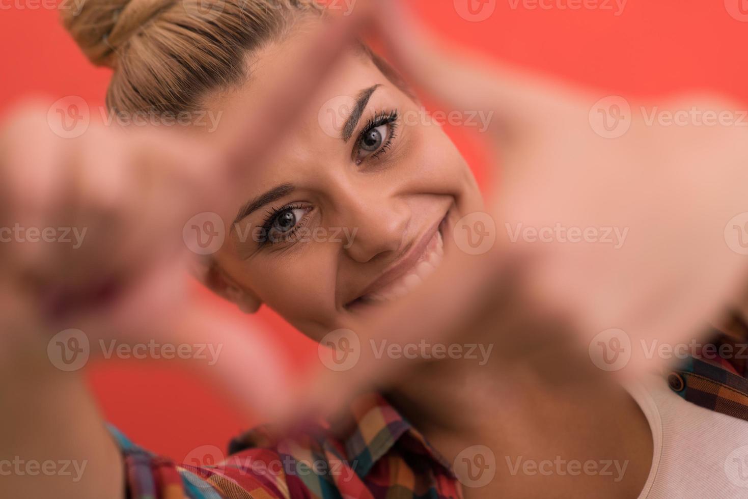 young woman over color background photo