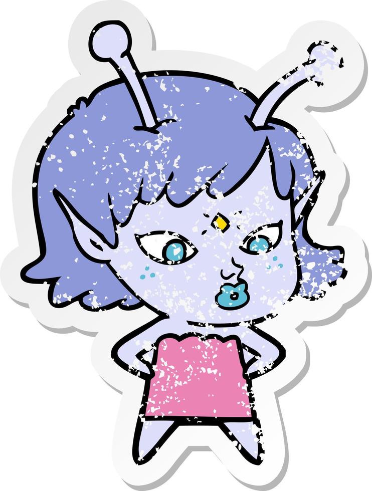distressed sticker of a pretty cartoon alien girl vector