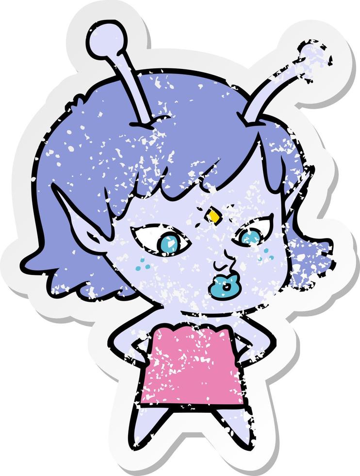 distressed sticker of a pretty cartoon alien girl vector