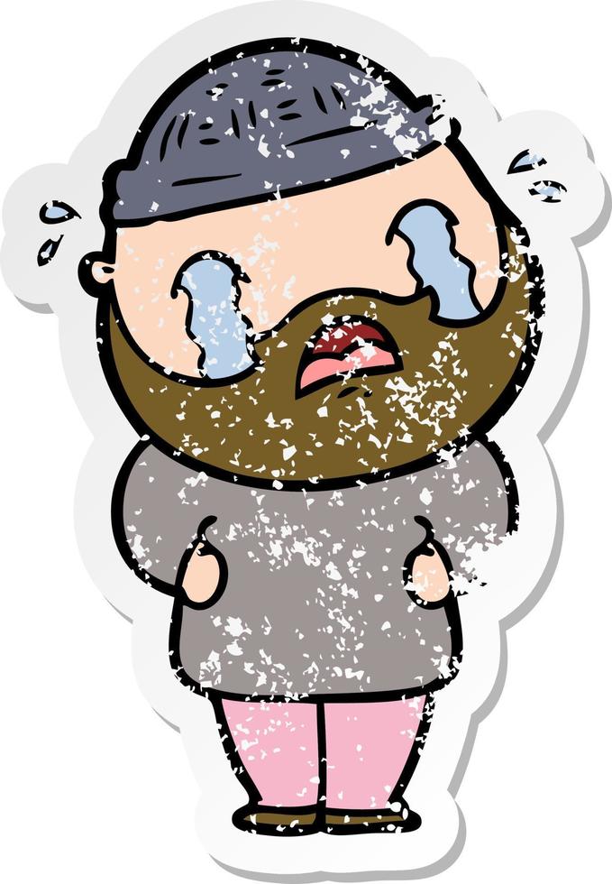 distressed sticker of a cartoon bearded man crying vector