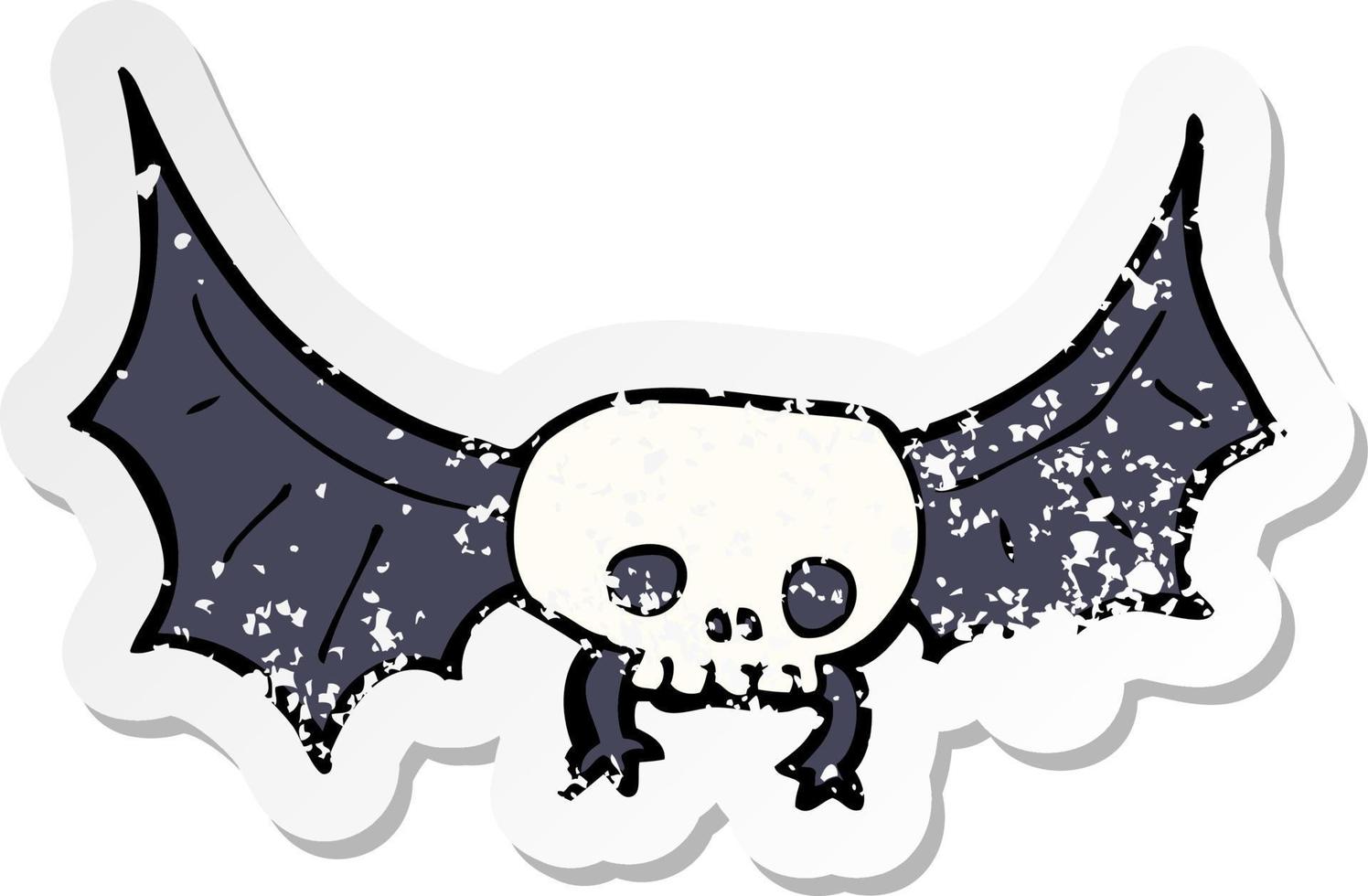 pegatina retro angustiada de un murciélago de calavera espeluznante de dibujos animados vector