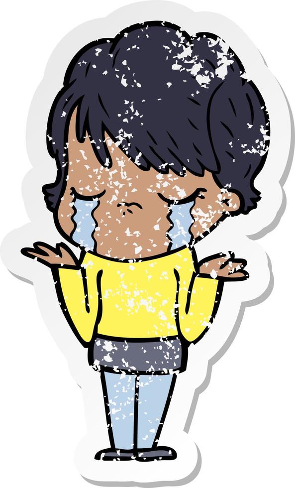 distressed sticker of a cartoon woman crying vector