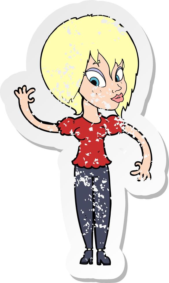 retro distressed sticker of a cartoon woman waving vector